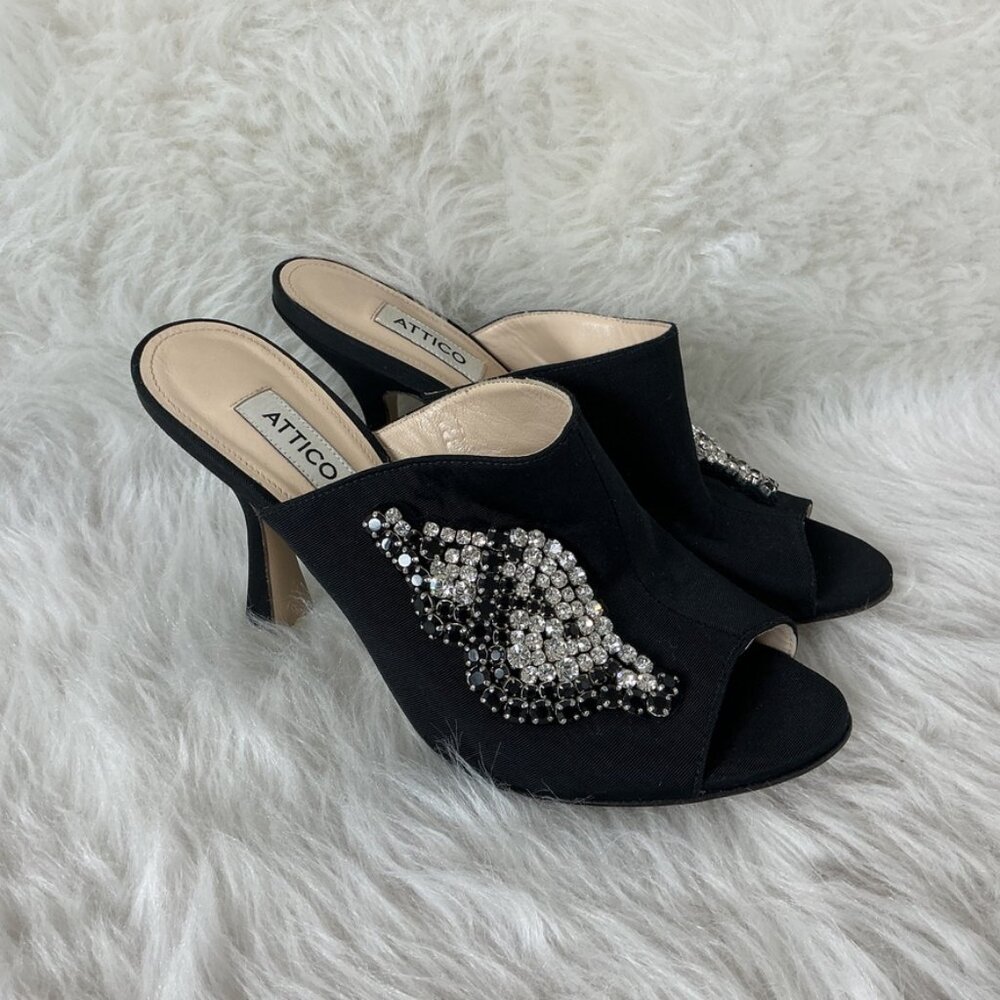 Attico Pamela Black Fabric Crystal Embellished Peep Toe Mule Heels 38.5 US 8.5